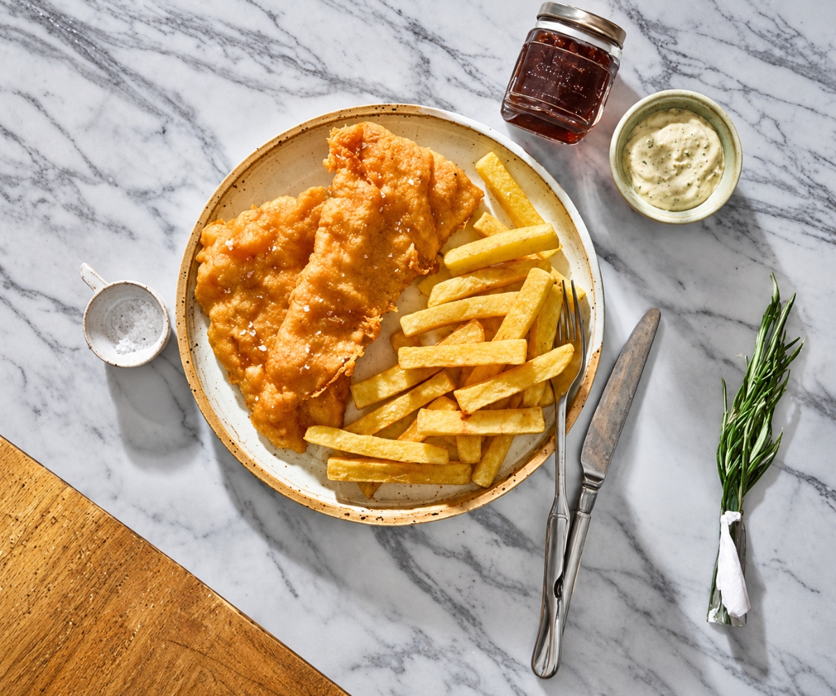 Golden battered fish and chips