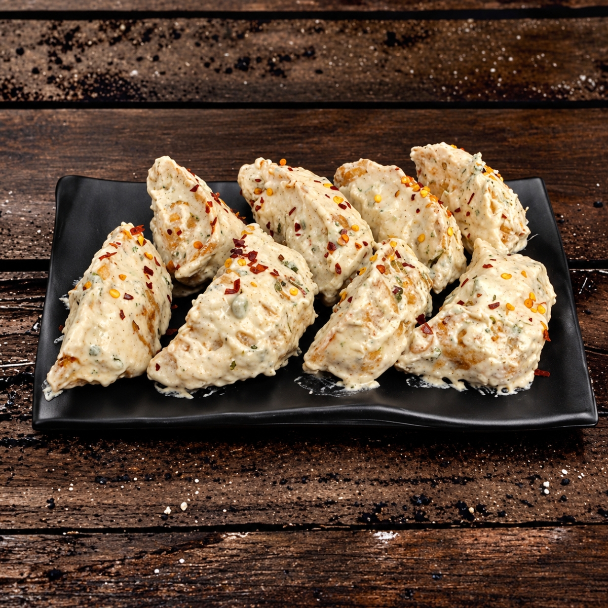 Creamy dumplings on a black platter